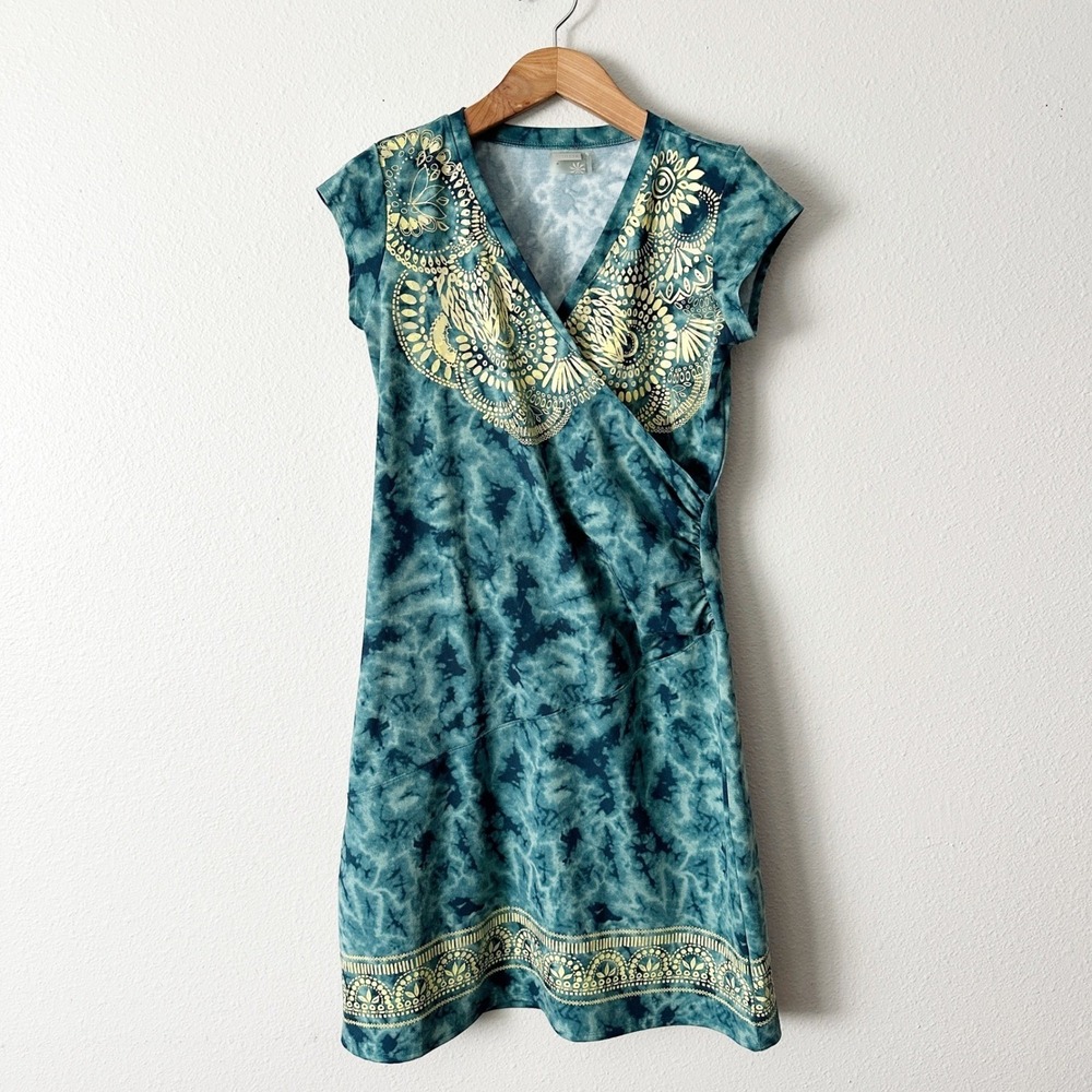 Athleta Faux Wrap‎ Knee Length Mandala Print Tie Dye Dress women's size medium